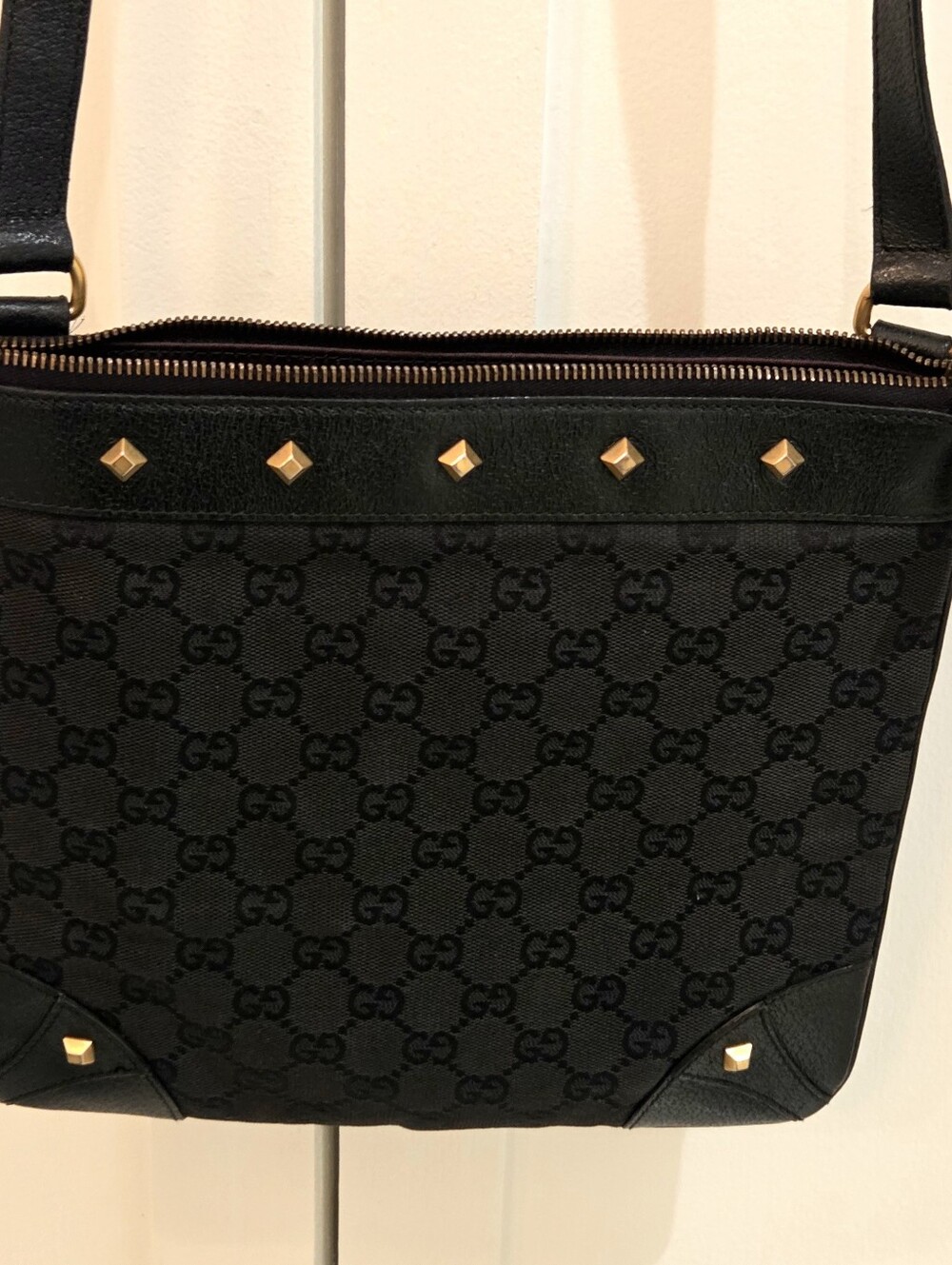 Black GG Monogram Shoulder Bag with Gold Stud Accents - Picture 11 of 16